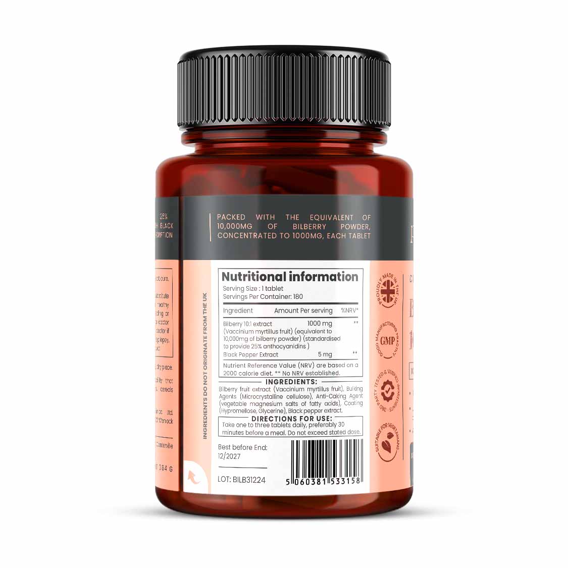 Bilberry Extract 10,000mg x 180 tablets (10x Strength)