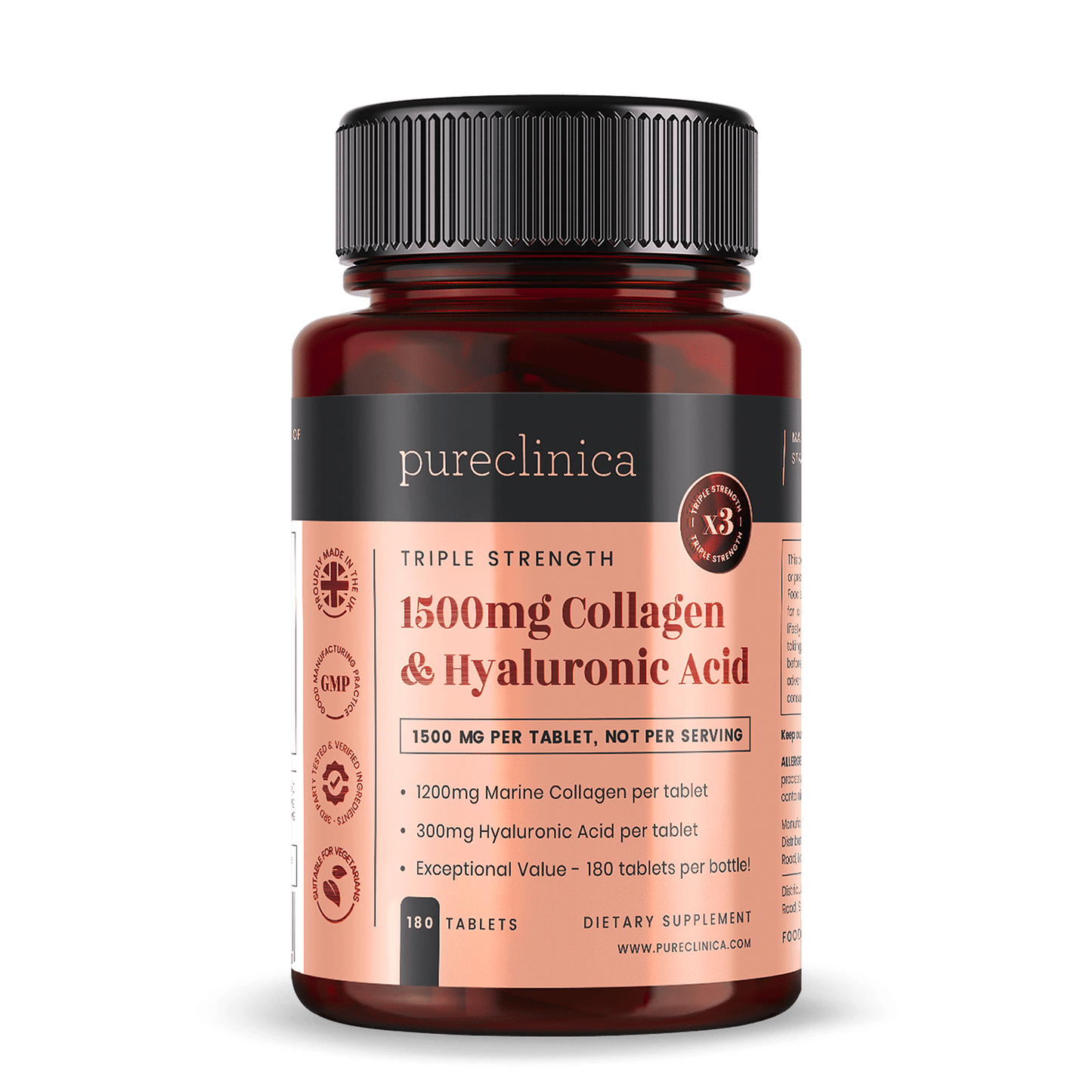 Triple Strength Collagen AND Hyaluronic Acid - 1500mg x 180 tablets (1200mg collagen, 300mg HA in one tablet)