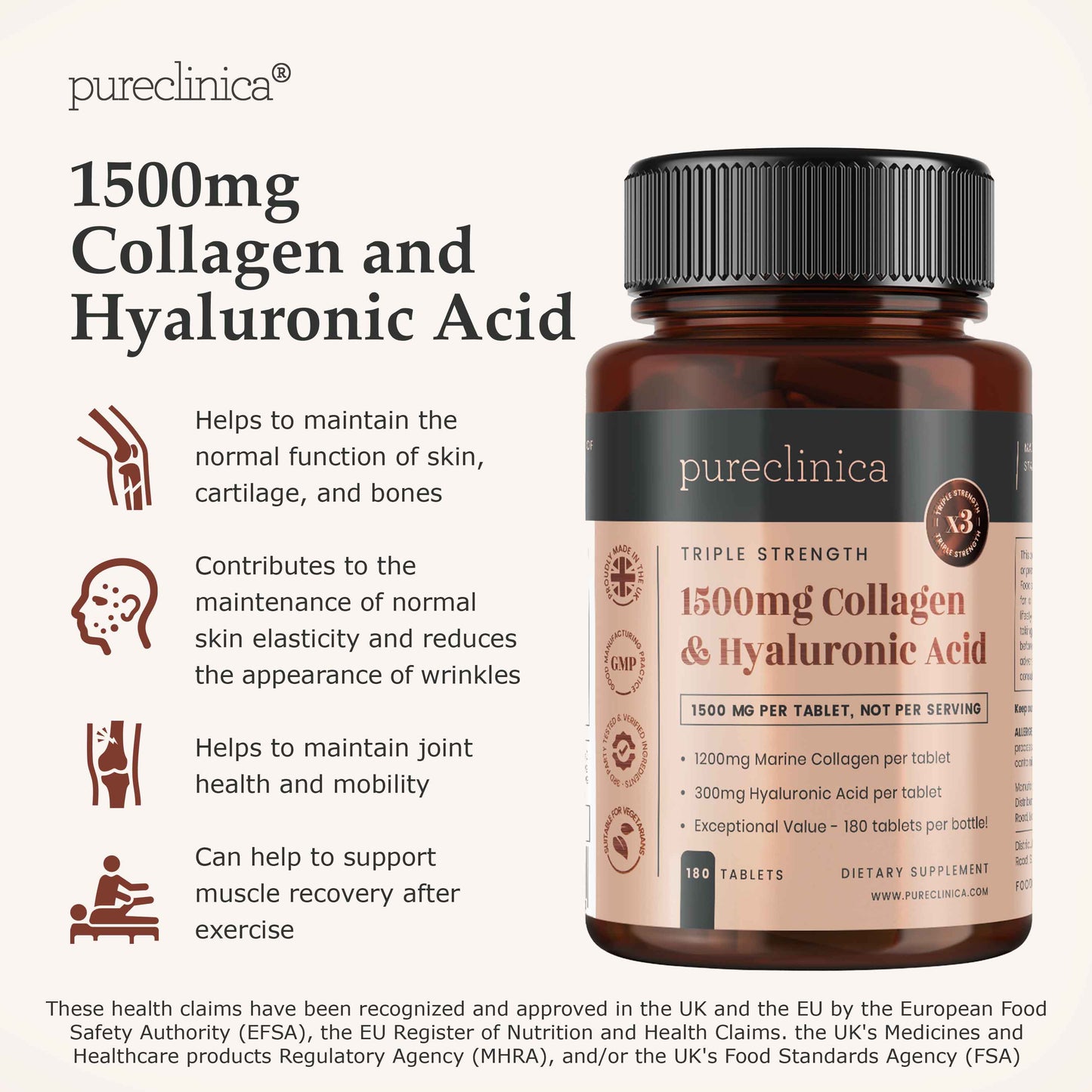 Triple Strength Collagen AND Hyaluronic Acid - 1500mg x 180 tablets (1200mg collagen, 300mg HA in one tablet)