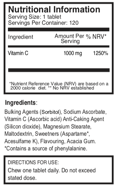 Double Strength Chewable Vitamin C 1000 mg  x 120 tablets