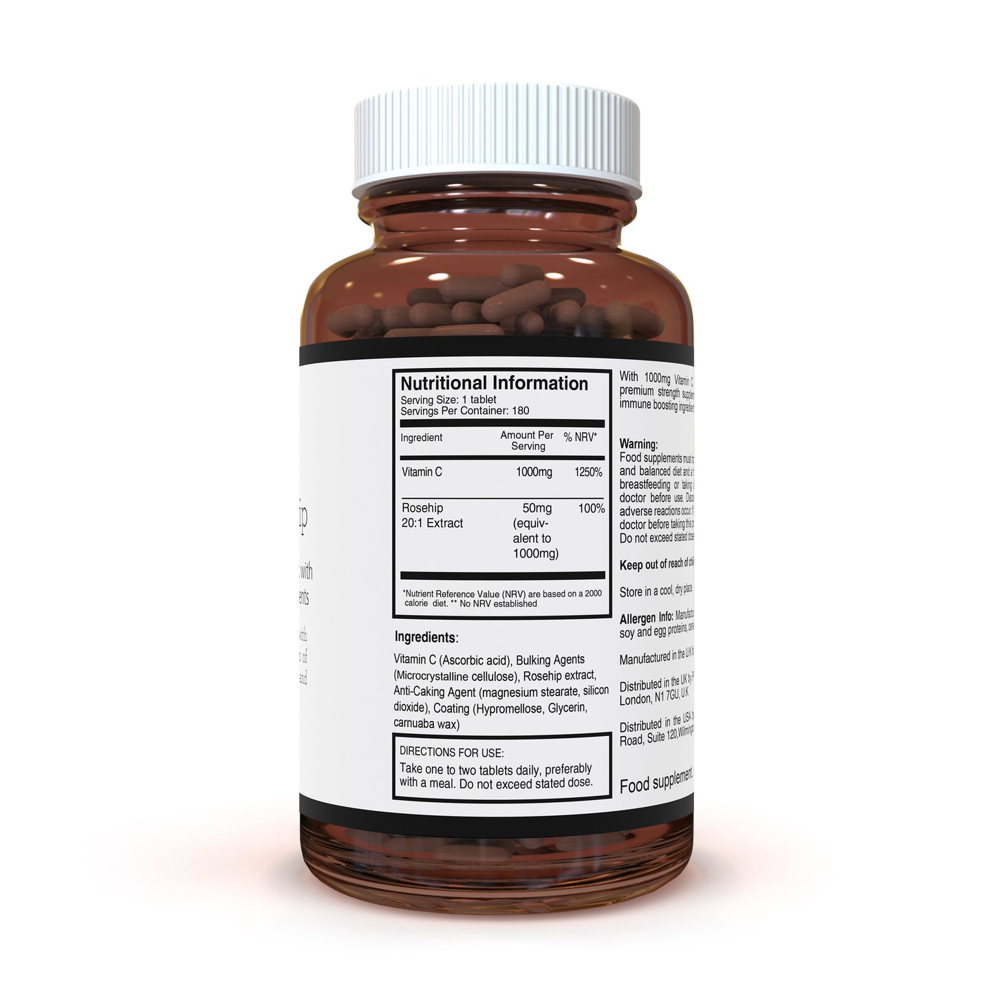 Vitamin C and Rosehip Extract 2000mg per tablet  x 180 Tablets