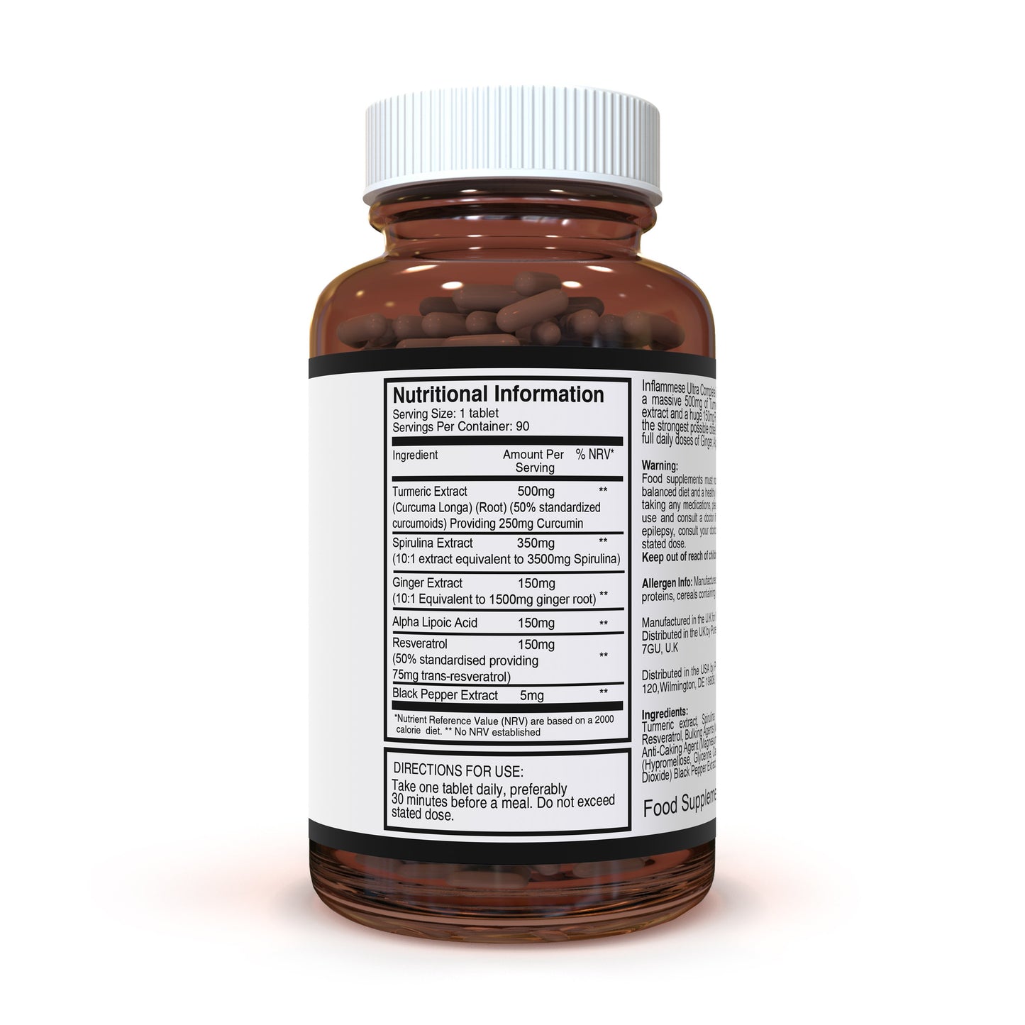 Inflammease Ultra Complete 1305mg x 90 tablets (with Curcumin, Resveratrol, Ginger, ALA, Spirulina)