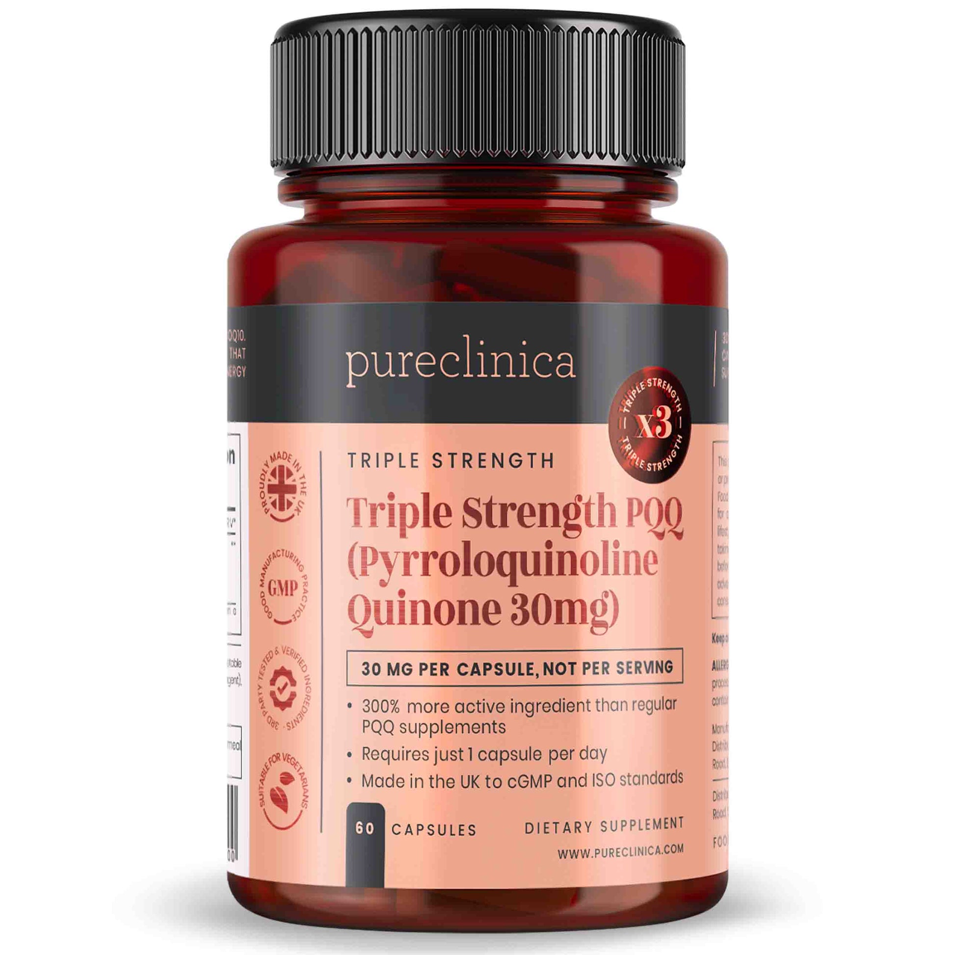 Triple Strength PQQ 30mg x 60 veg caps. Made by advanced fermentation us.pureclinica.com Triple Strength PQQ 30mg x 60 veg caps. Made by advanced fermentation us.pureclinica.com